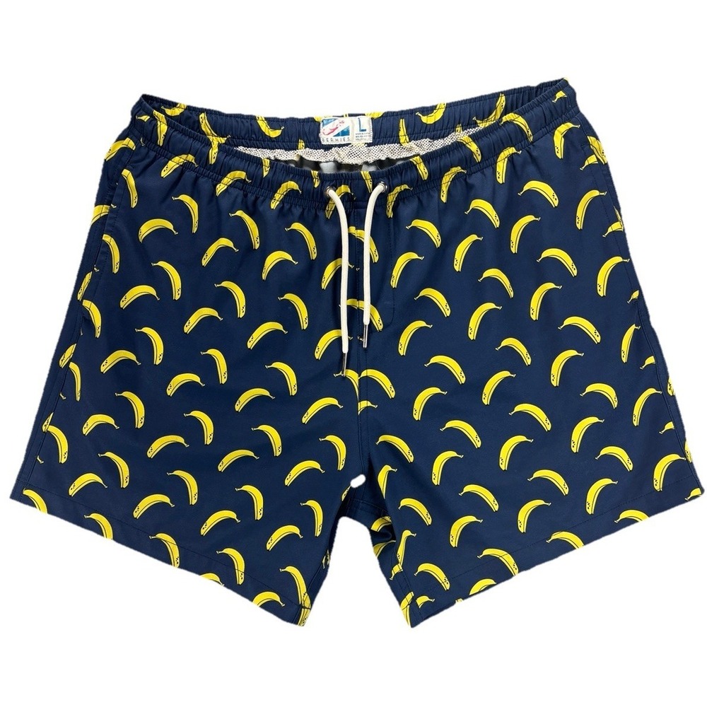 Bermies 2.0 Navy Blue Banana Print Swim Trunks Lg Bold Fun Preppy Vacation Pool